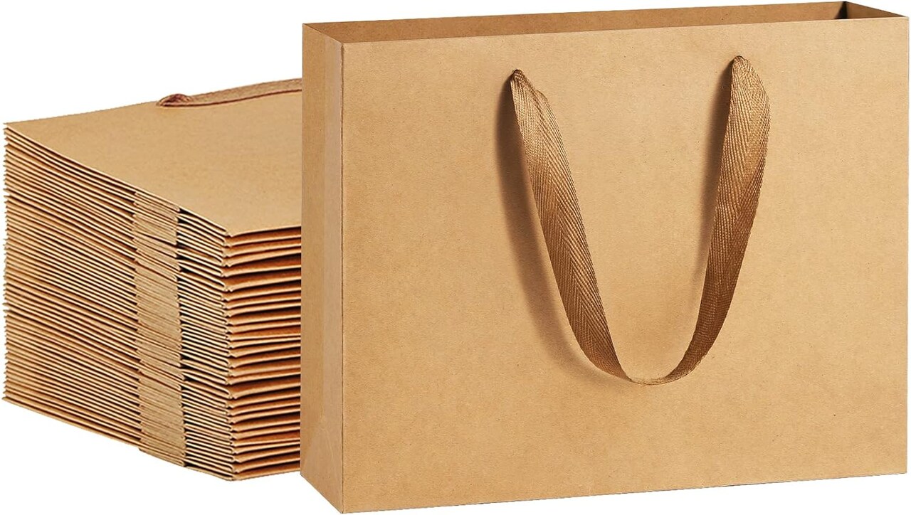Paper Gift Bags 10.6x3.1x8.3 25Pcs Gift Bags Heavy Duty Kraft Brown Gift Paper Bags with Handles Soft Cloth, Party Favor Bags, Shopping Bags, Retail Merchandise Bags, Wedding Party Gift Bags